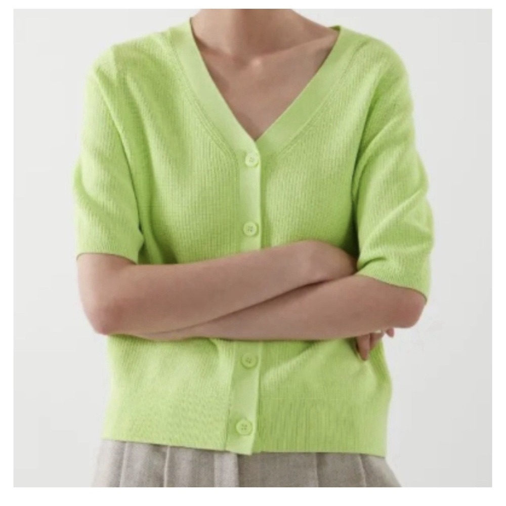 COS Short Sleeve Cardigan Minimalist Lime Green Women's XS‎ Quiet Luxury Spring